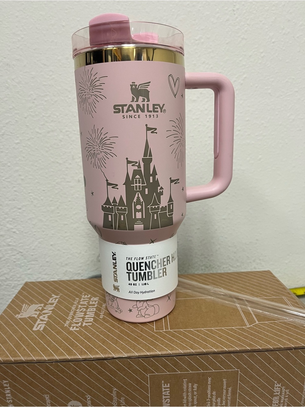 Stanley Pink Castle Quencher Tumbler with Gold Accent